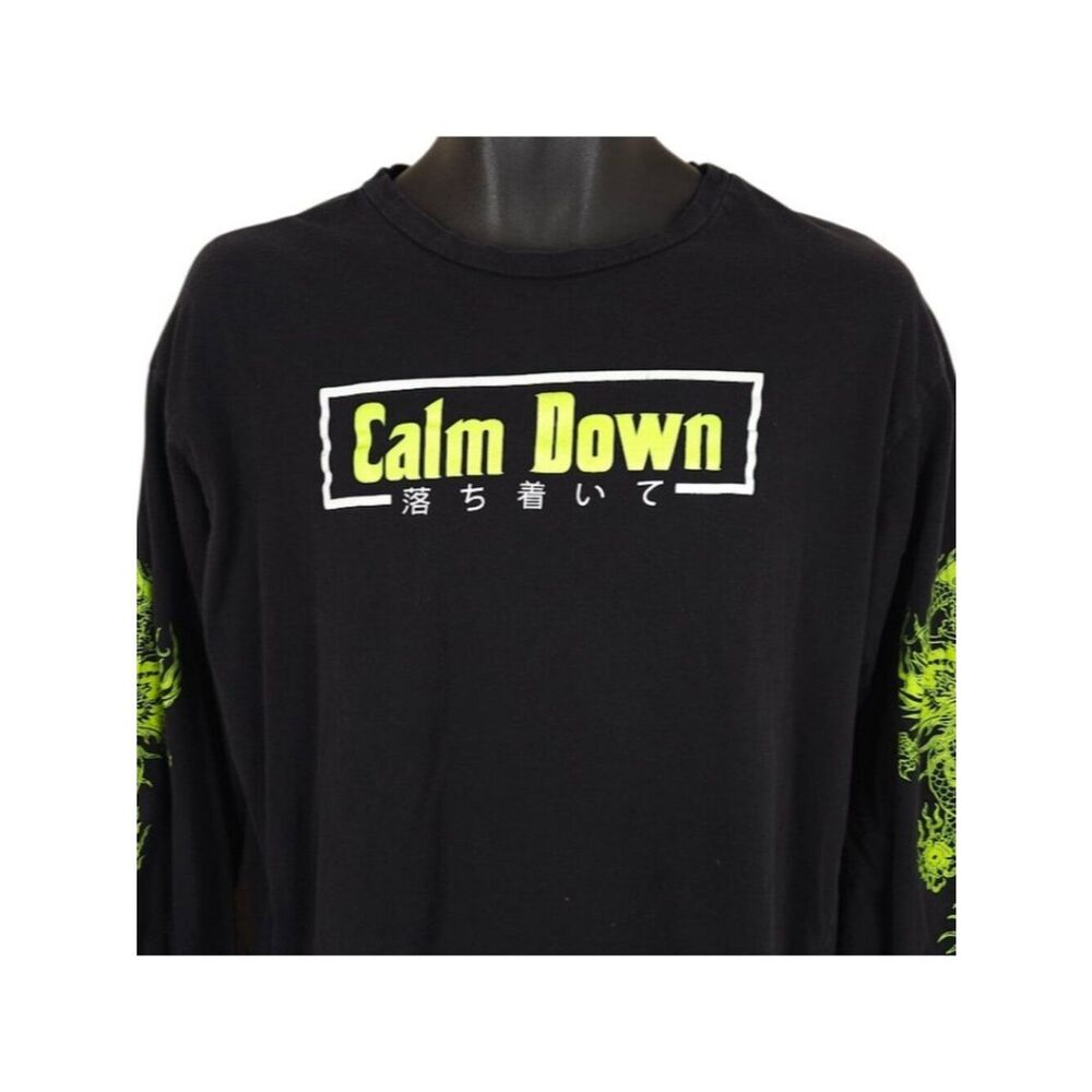 Calm Down T Shirt Womens Size XL Black Chinese Dragon Long Sleeve
